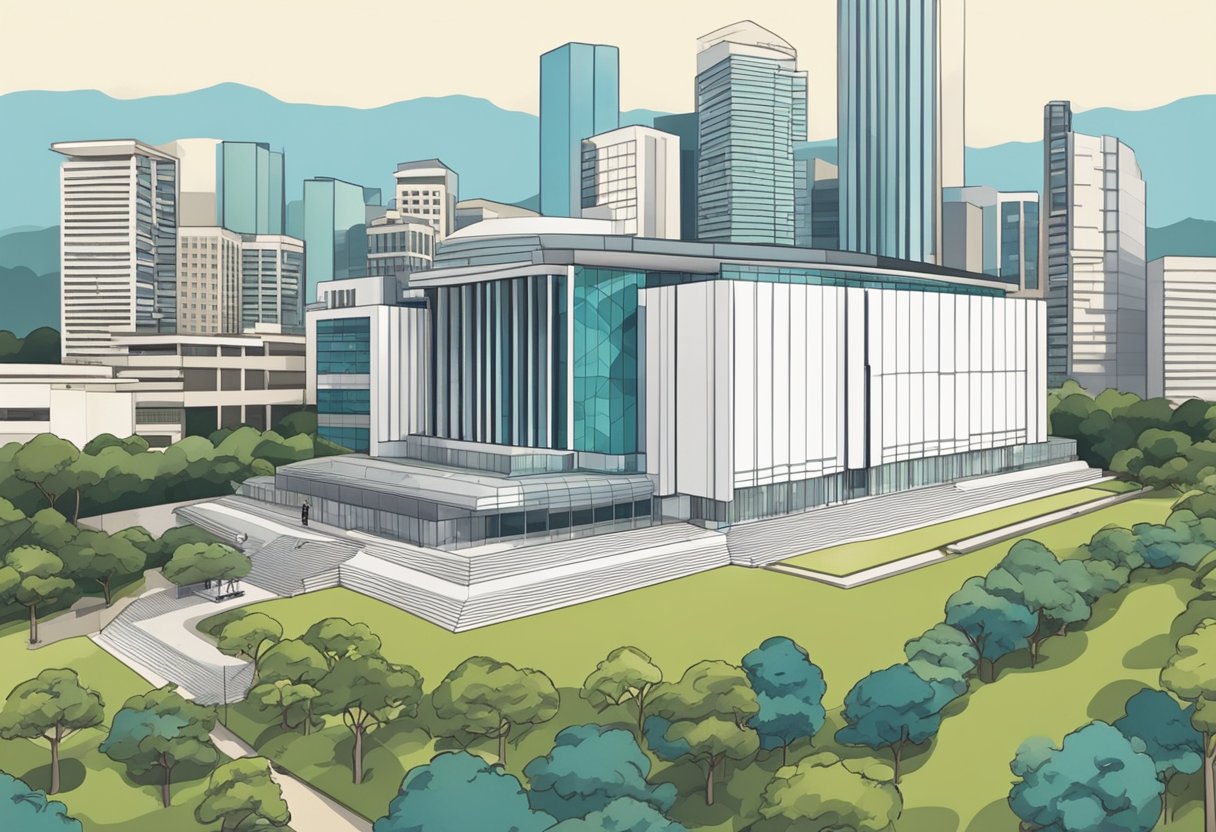 The iconic facade of the National Library Building in Singapore, with its striking architecture and glass panels, stands tall against the city skyline