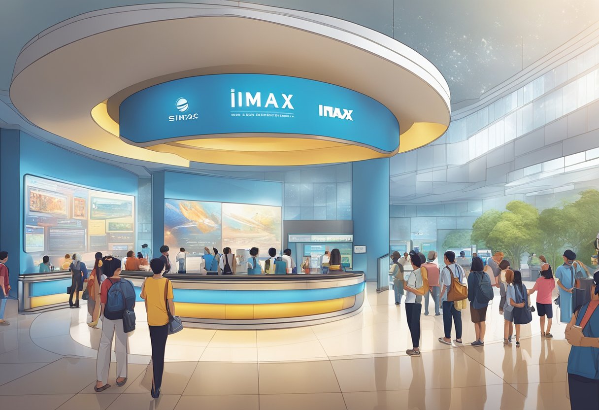 The bustling lobby of IMAX Singapore, with visitors lining up at the ticket counter and exploring the interactive displays