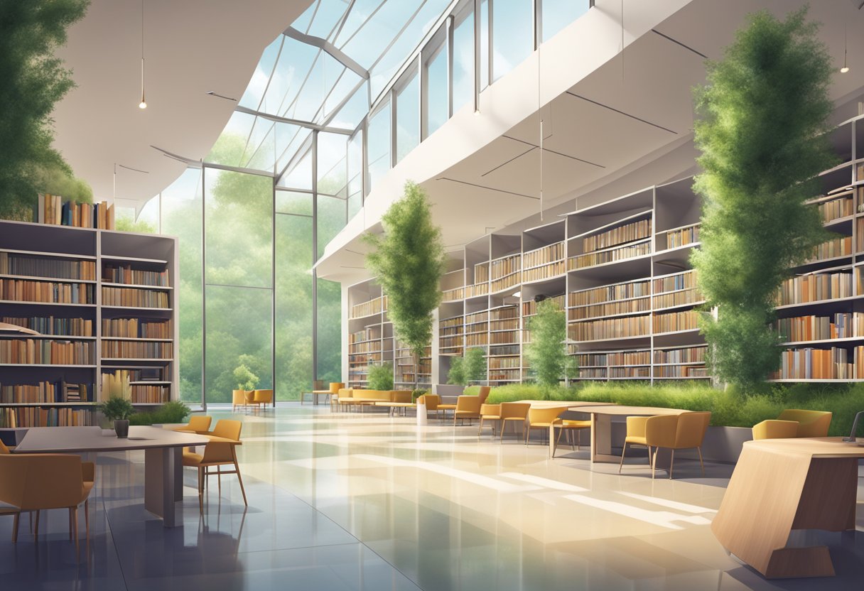 A modern library with sleek architecture, surrounded by lush greenery and filled with natural light