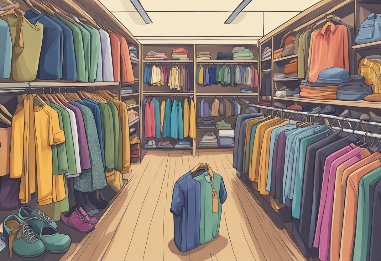 A colorful array of secondhand clothing and home goods fills the thrift store shelves, offering affordable and sustainable options for shoppers