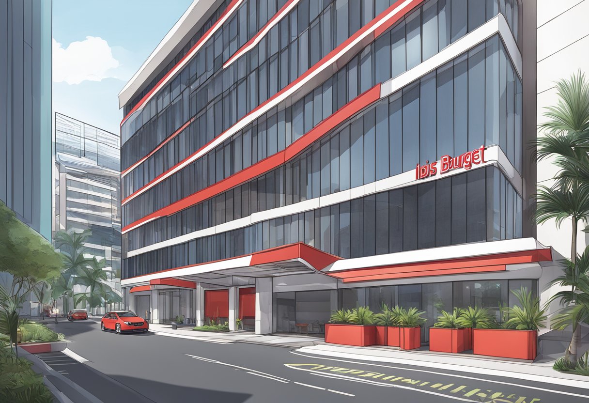 The hotel exterior features a modern, sleek design with glass windows and a vibrant red sign reading "ibis budget singapore ruby."