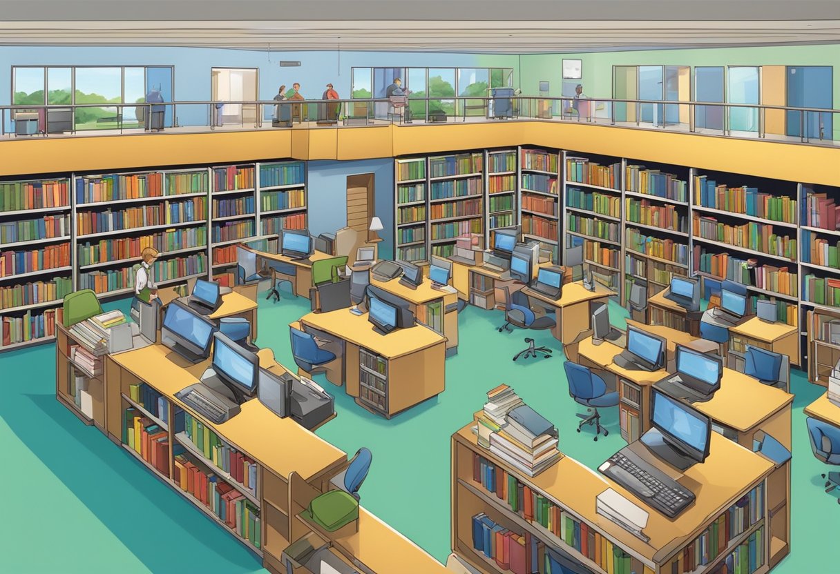 A colorful library with shelves of books, computer stations, and friendly staff assisting visitors