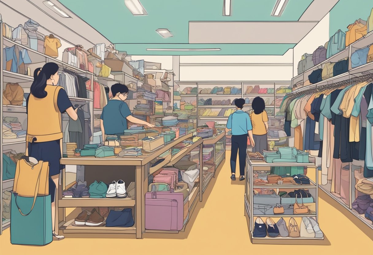 A bustling thrift store in Singapore, with shelves neatly organized and filled with a variety of items. Customers browse through racks of clothing and shelves of knick-knacks, while a cashier rings up purchases at the counter