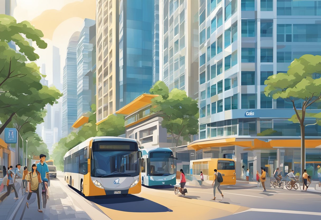 A bustling city street with the iconic ibis budget singapore ruby hotel in the background, surrounded by modern architecture and vibrant street life