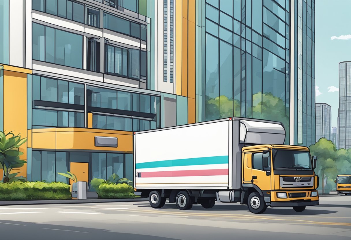 A moving truck parked outside a high-rise building in Singapore, with movers carrying furniture and boxes into the building