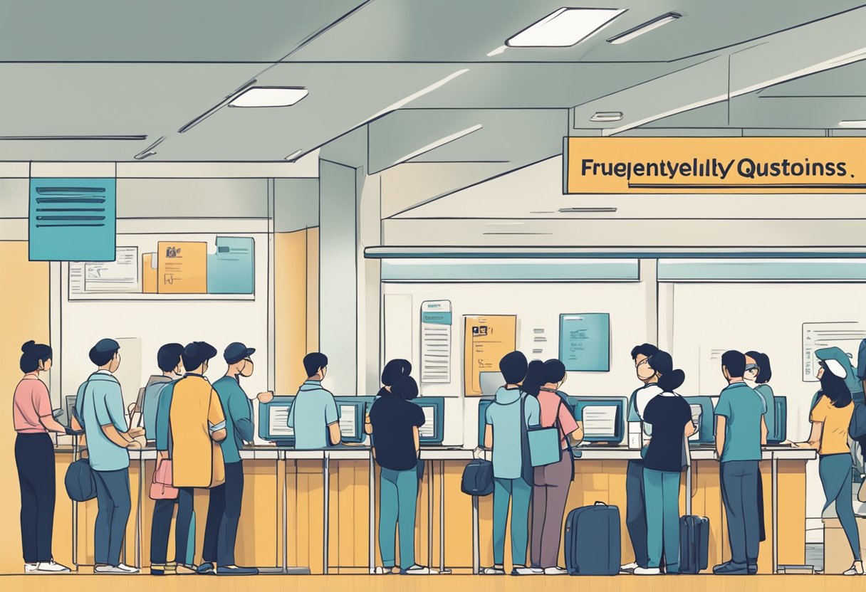 People lining up at a help desk, holding papers and looking at a sign that reads "Frequently Asked Questions nlb singapore."