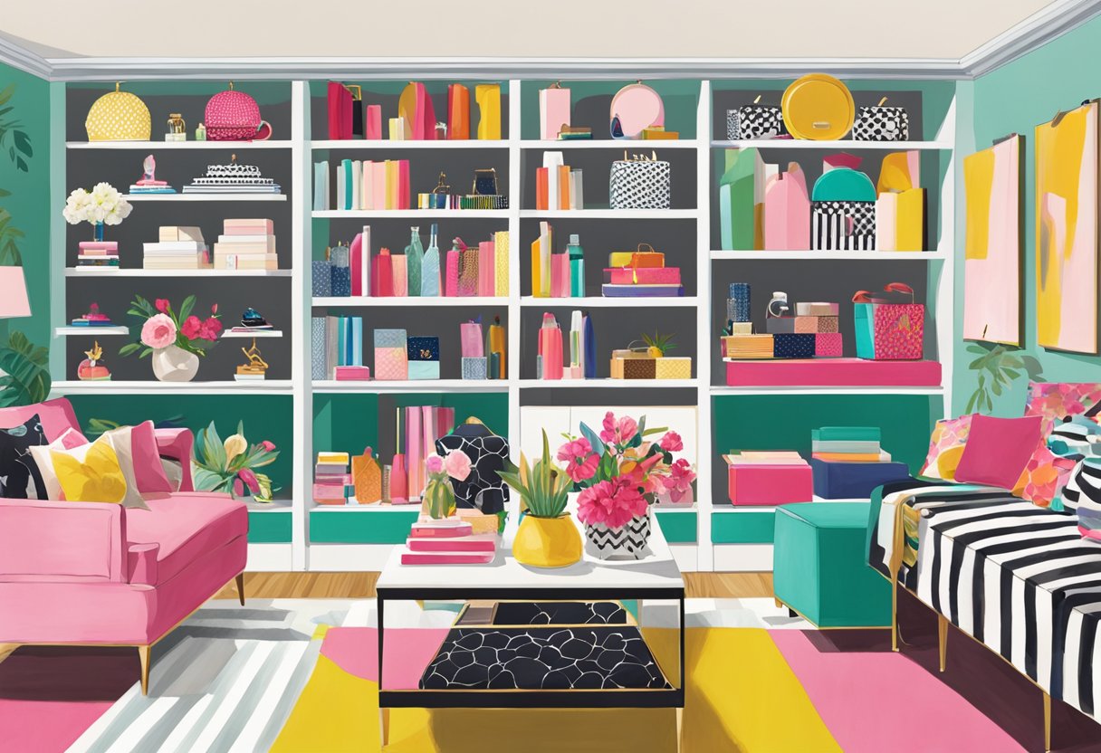 A vibrant display of kate spade products, arranged in a chic and modern setting, with a focus on bold colors and playful patterns