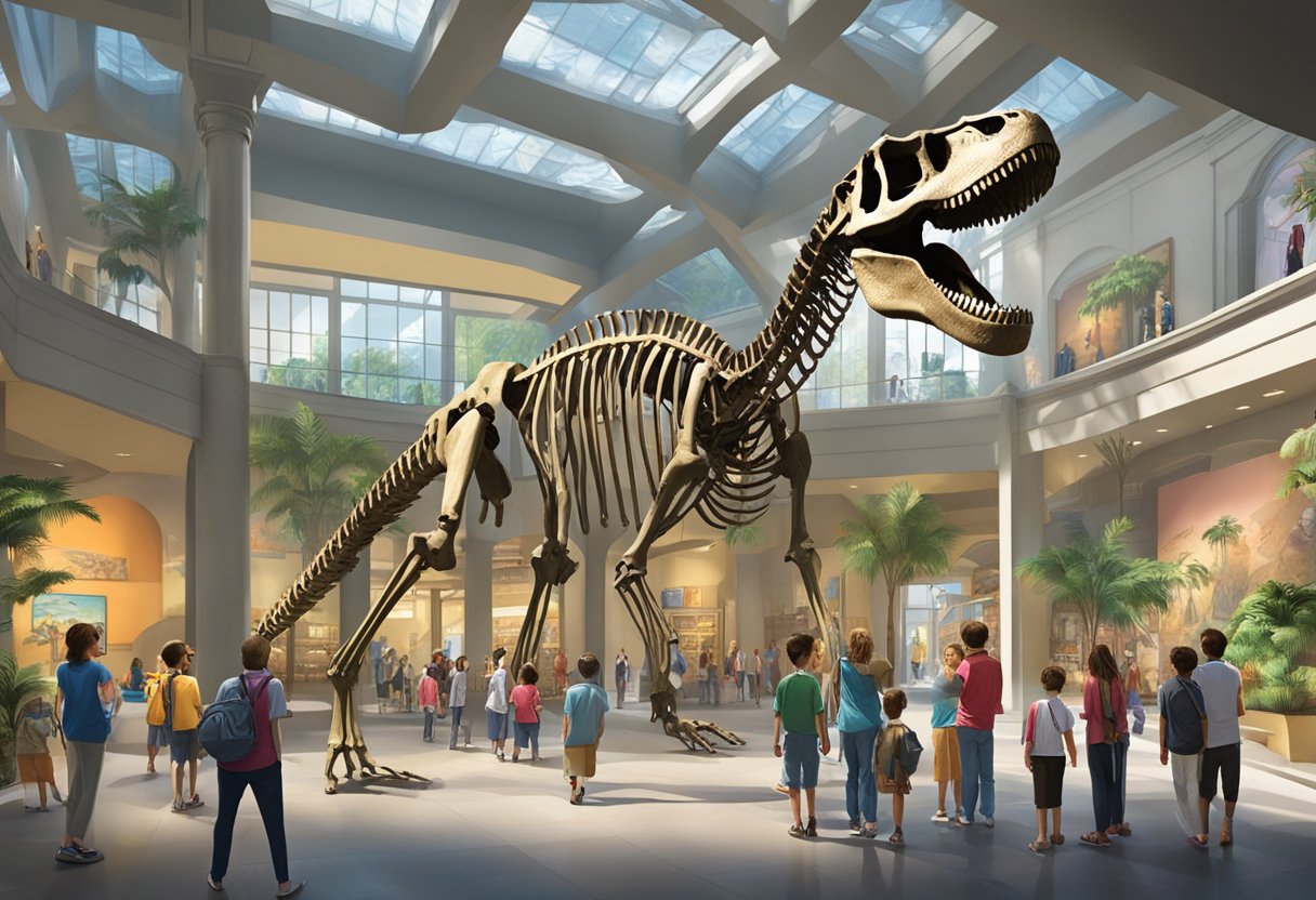 The museum entrance bustles with visitors. A towering dinosaur skeleton greets them, surrounded by interactive displays and colorful dioramas