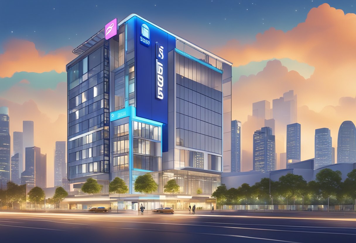The ibis budget Singapore Ruby sign stands out against the city skyline, with bright lights and modern architecture in the background