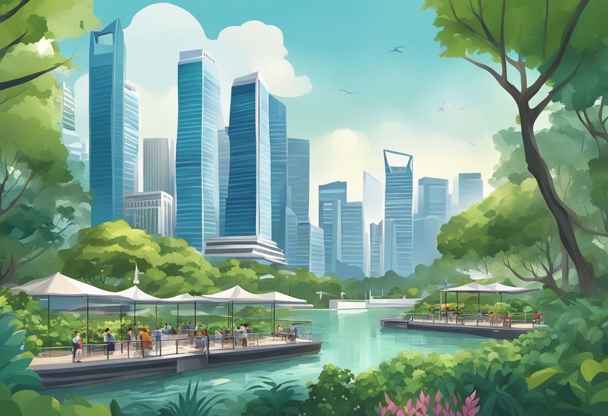 A bustling cityscape with iconic skyscrapers and modern architecture, surrounded by lush greenery and pristine waterfronts in Singapore