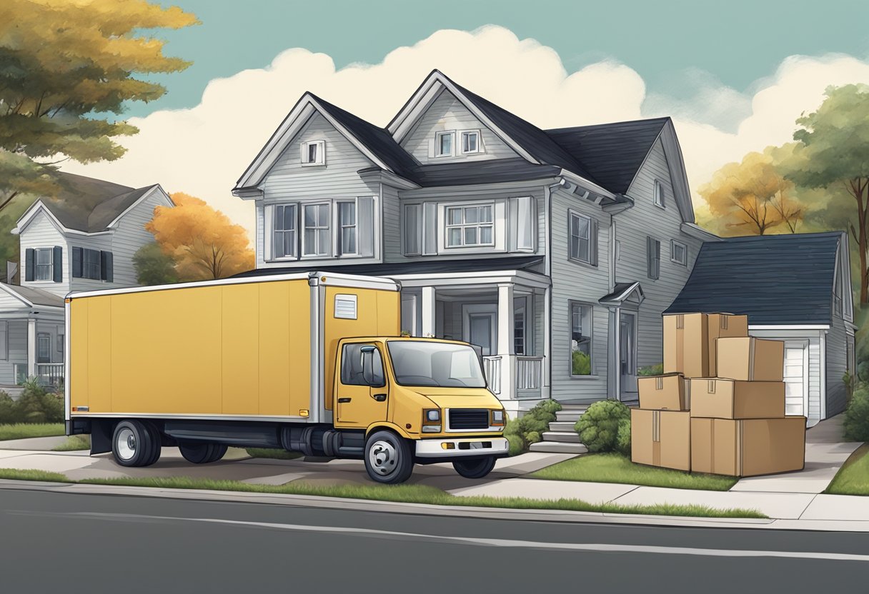 A moving truck parked in front of a house with moving boxes and furniture being loaded onto it