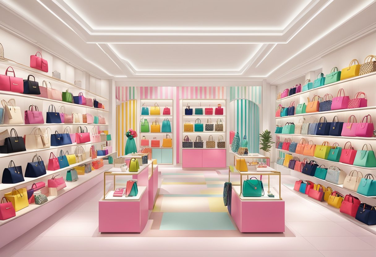 A brightly lit kate spade store in Singapore, with colorful handbags and accessories displayed on shelves and mannequins
