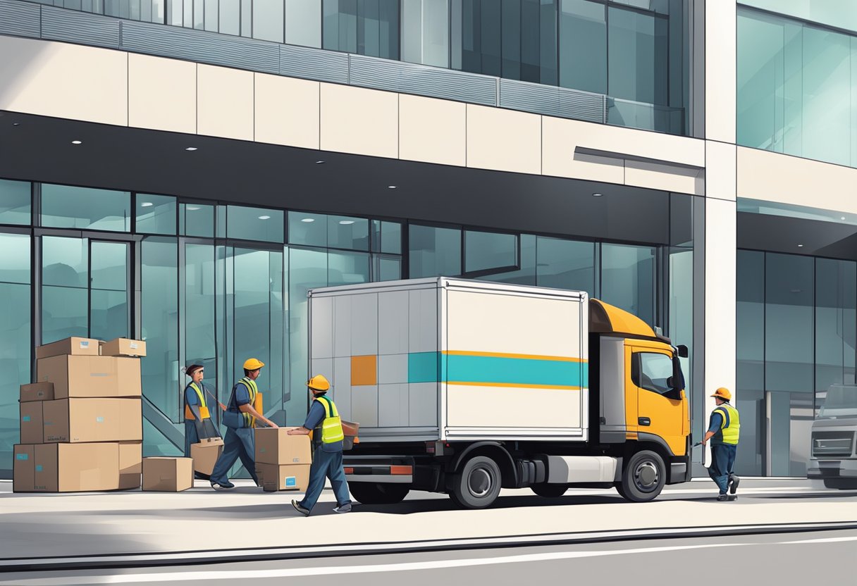 A moving truck parked in front of a modern Singaporean building, with workers carrying boxes and furniture into the entrance