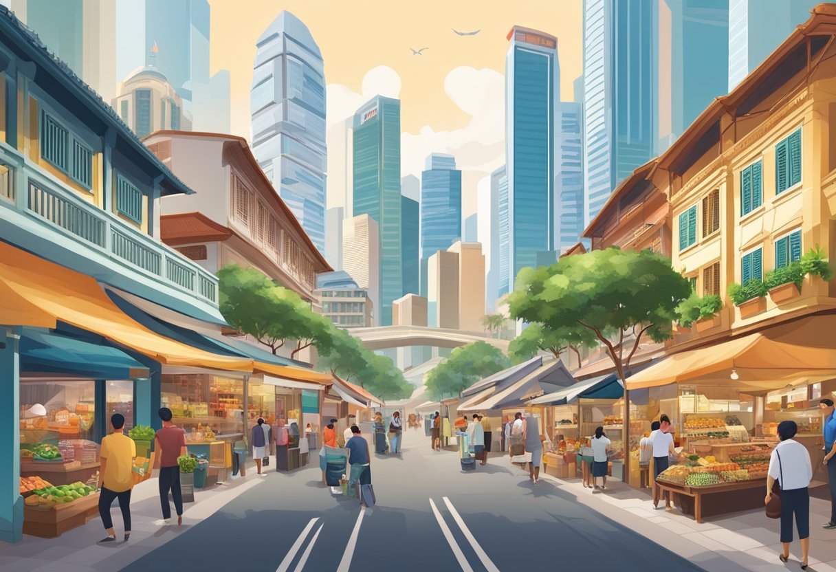 A bustling cityscape with modern skyscrapers juxtaposed against traditional shophouses and vibrant street markets, showcasing the rich cultural and regional diversity of Singapore