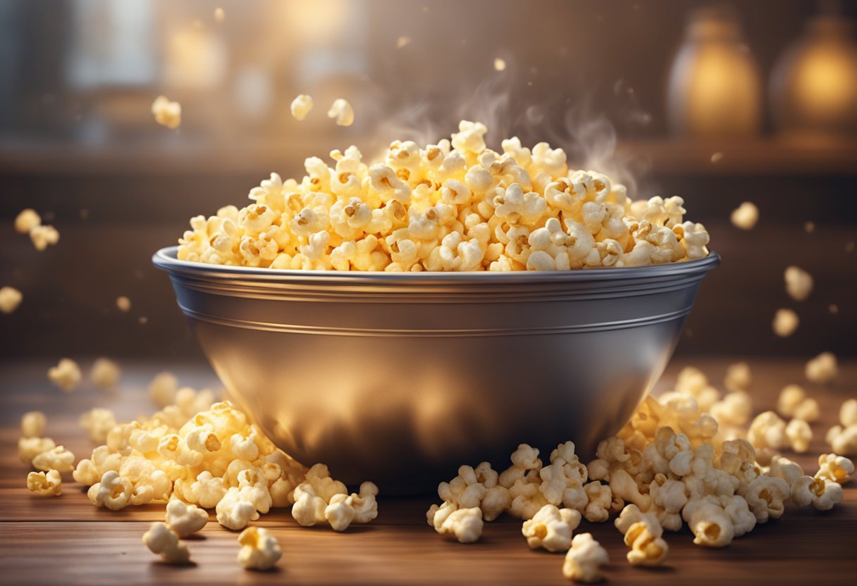 A bowl of freshly popped popcorn sits on a table, steam rising and kernels bursting with flavor. The room is filled with the warm, buttery aroma of the snack