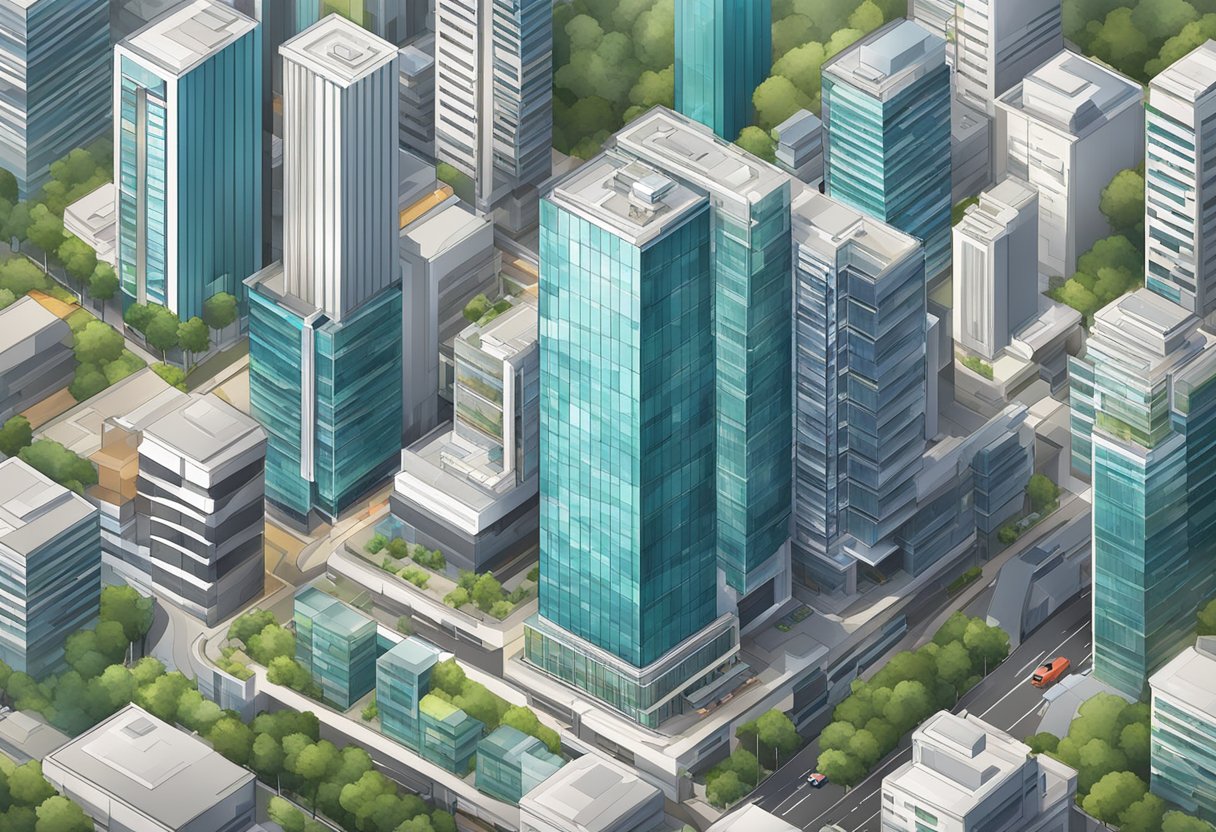 A bustling cityscape with a prominent "Frequently Asked Questions" sign atop a modern building in Singapore