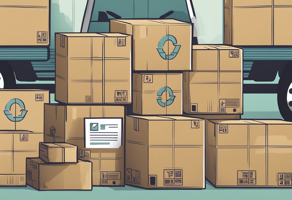 A stack of moving boxes with "Frequently Asked Questions" printed on them, surrounded by packing materials and a moving truck in the background