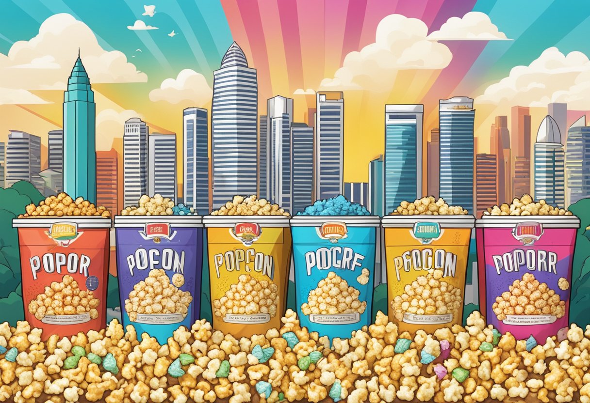 A colorful array of popcorn varieties from sweet to savory, displayed in vibrant packaging against a backdrop of Singaporean landmarks