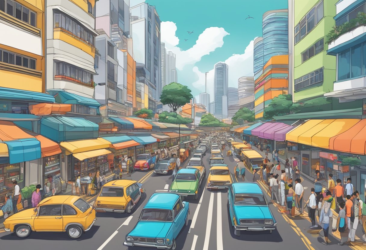 A bustling street in Singapore, with rows of second-hand cars on display, surrounded by bustling crowds and colorful storefronts