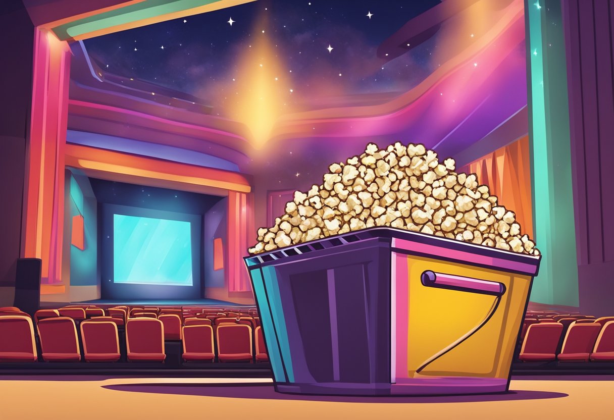 A movie theater in Singapore, with a bucket of popcorn on the armrest, surrounded by colorful movie posters and a glowing screen