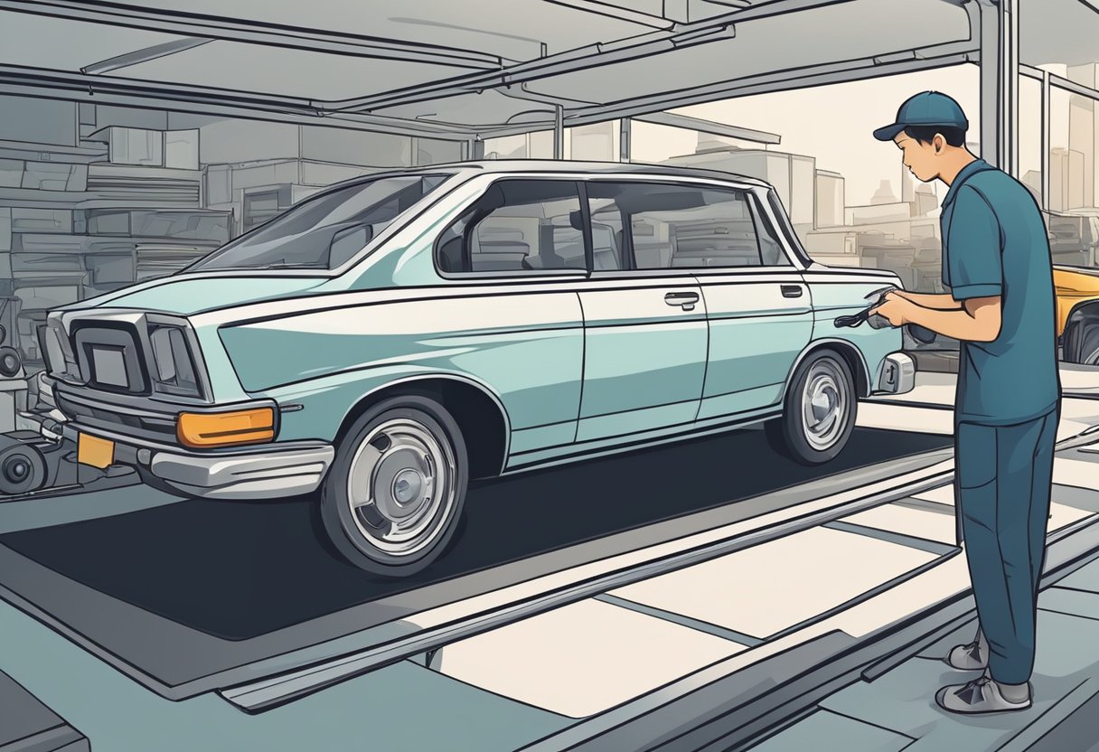 A person inspecting a second-hand car in Singapore, checking the exterior for dents and scratches, and examining the interior for cleanliness and functionality