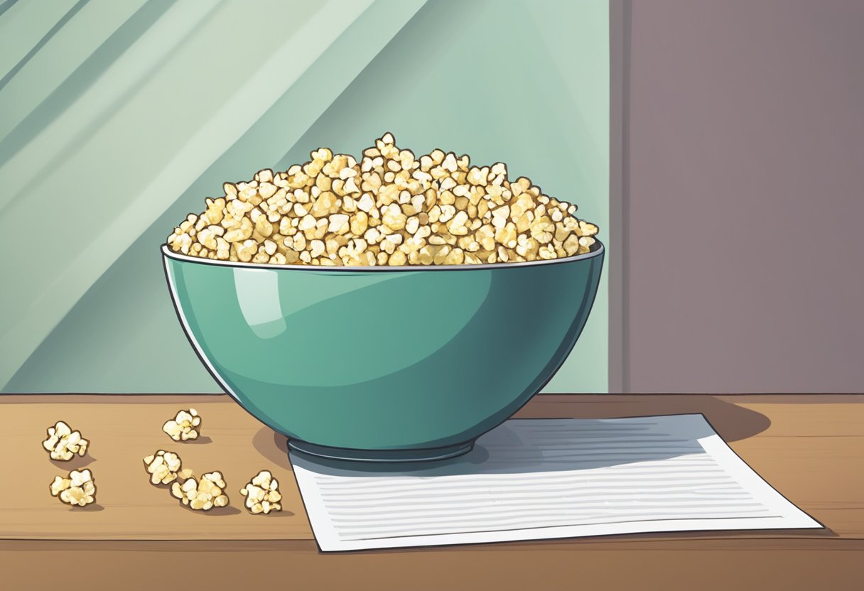 A bowl of popcorn sits on a table with a "Frequently Asked Questions" sign in the background
