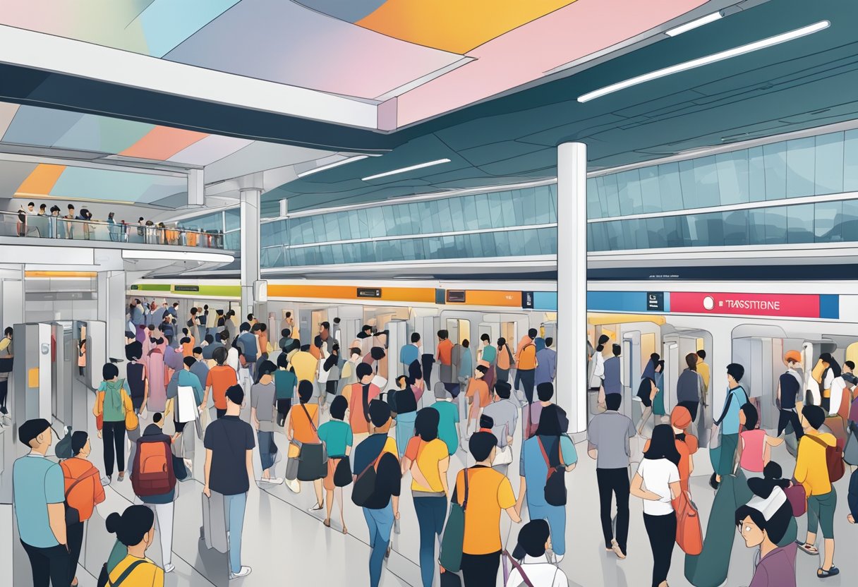 A bustling MTR station in Singapore with sleek, modern architecture and a crowd of commuters moving through the turnstiles and platforms