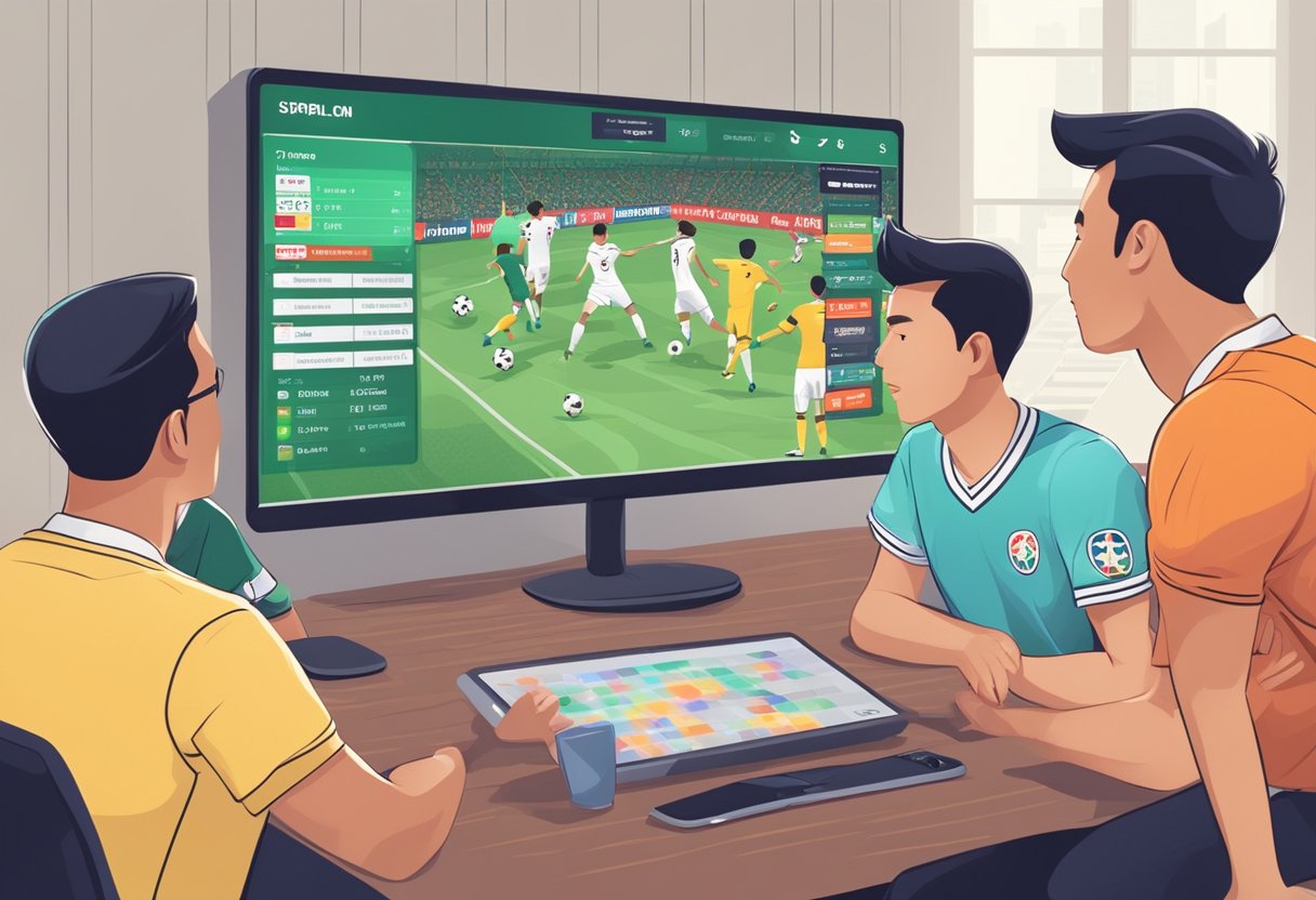 A group of soccer fans gather around a digital screen, eagerly checking and discussing the latest Singapore football odds