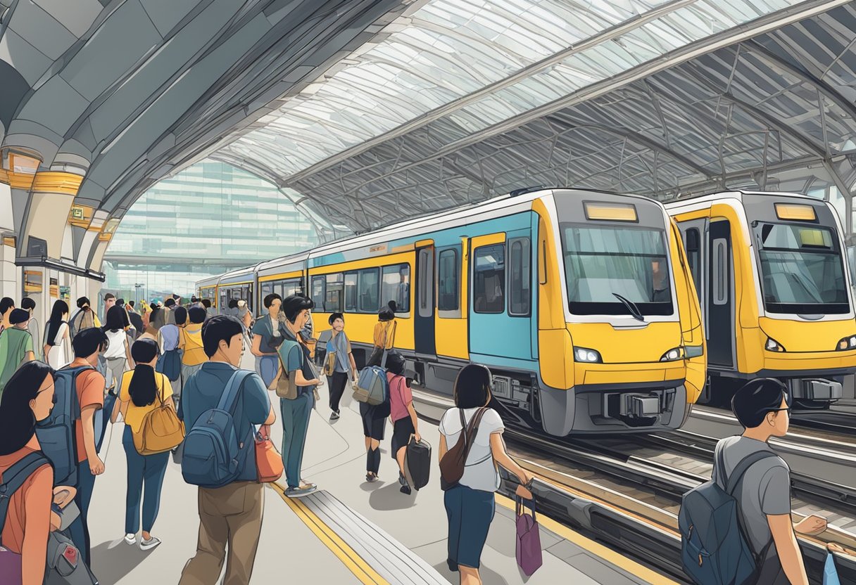 Passengers navigating through the bustling MTR station in Singapore, with trains arriving and departing, and the iconic architecture of the station in the background
