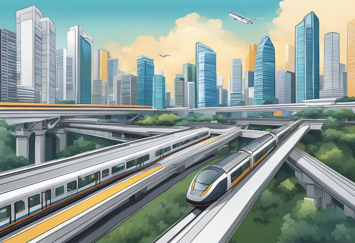 The bustling Singapore MRT network, with trains zipping through sleek, modern stations, surrounded by the city's iconic skyline