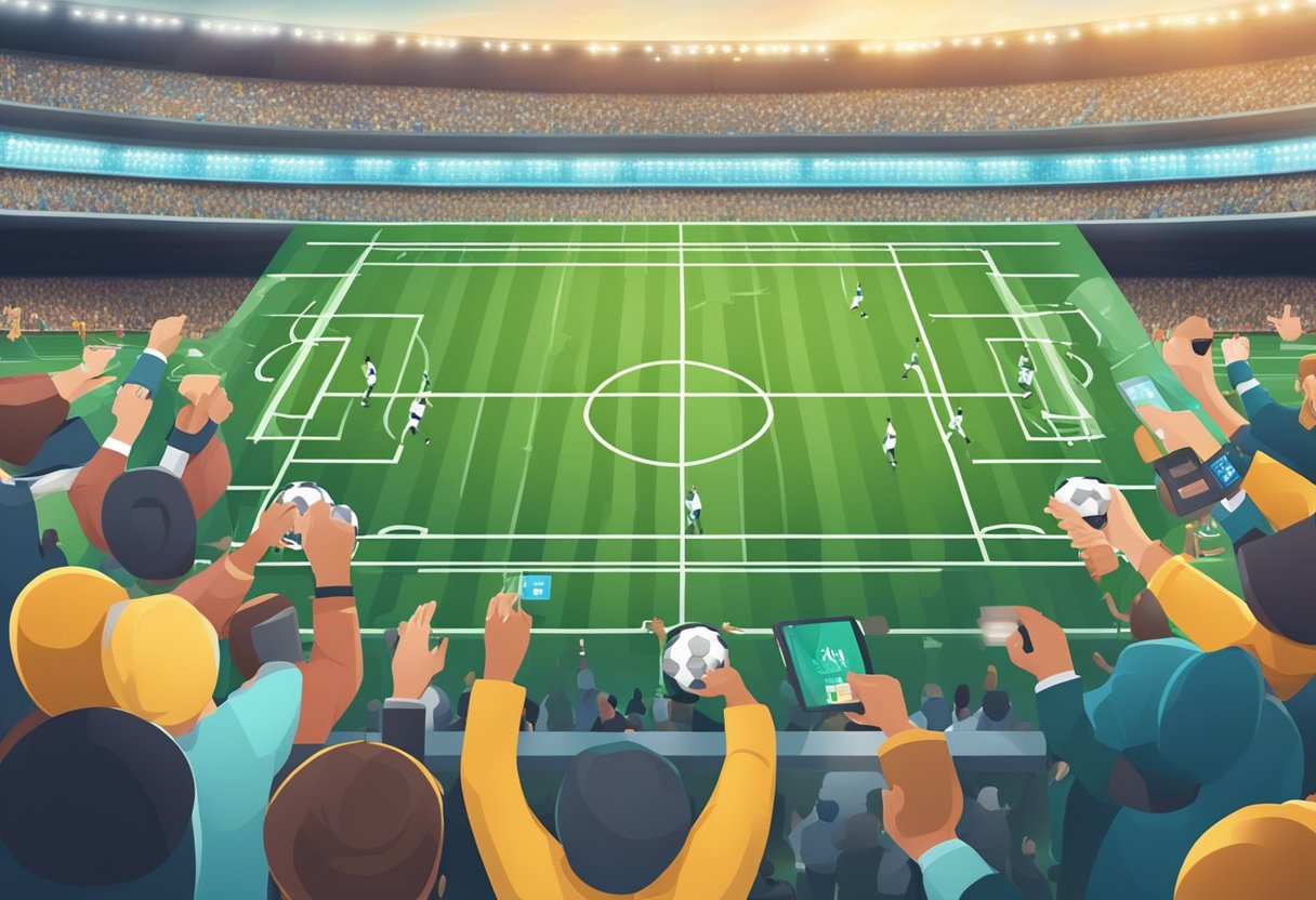 A football field with odds displayed on a digital screen, surrounded by cheering fans and bookmakers taking bets