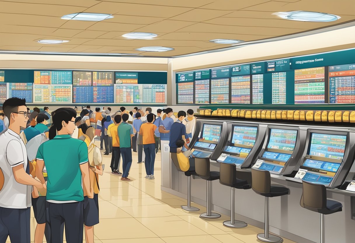 A crowded Singapore Pools outlet with football betting screens and ticket counters. Odds displayed prominently