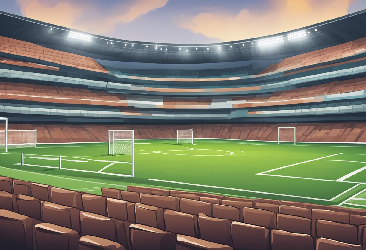 A football field with a scoreboard displaying "Frequently Asked Questions" and odds for Singapore football matches