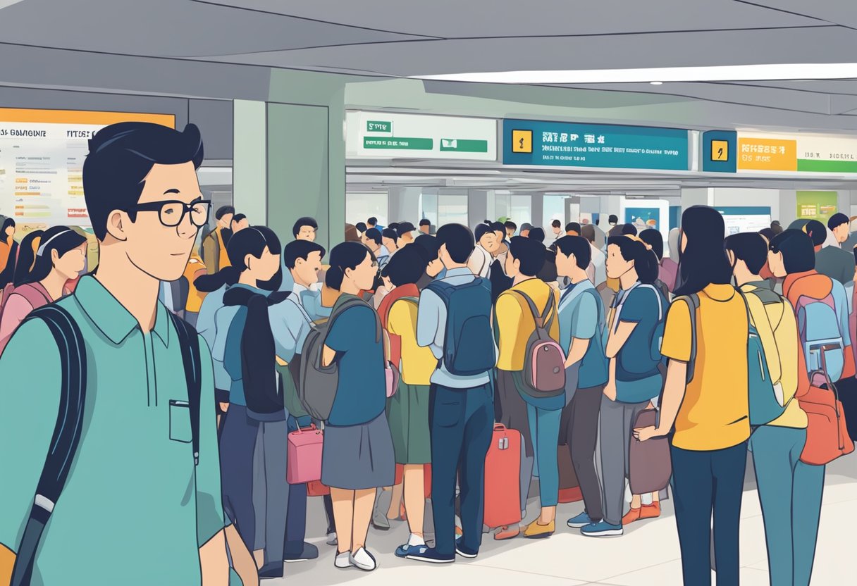 Passengers lining up at MTR Singapore ticket counter with a sign indicating "Frequently Asked Questions" above