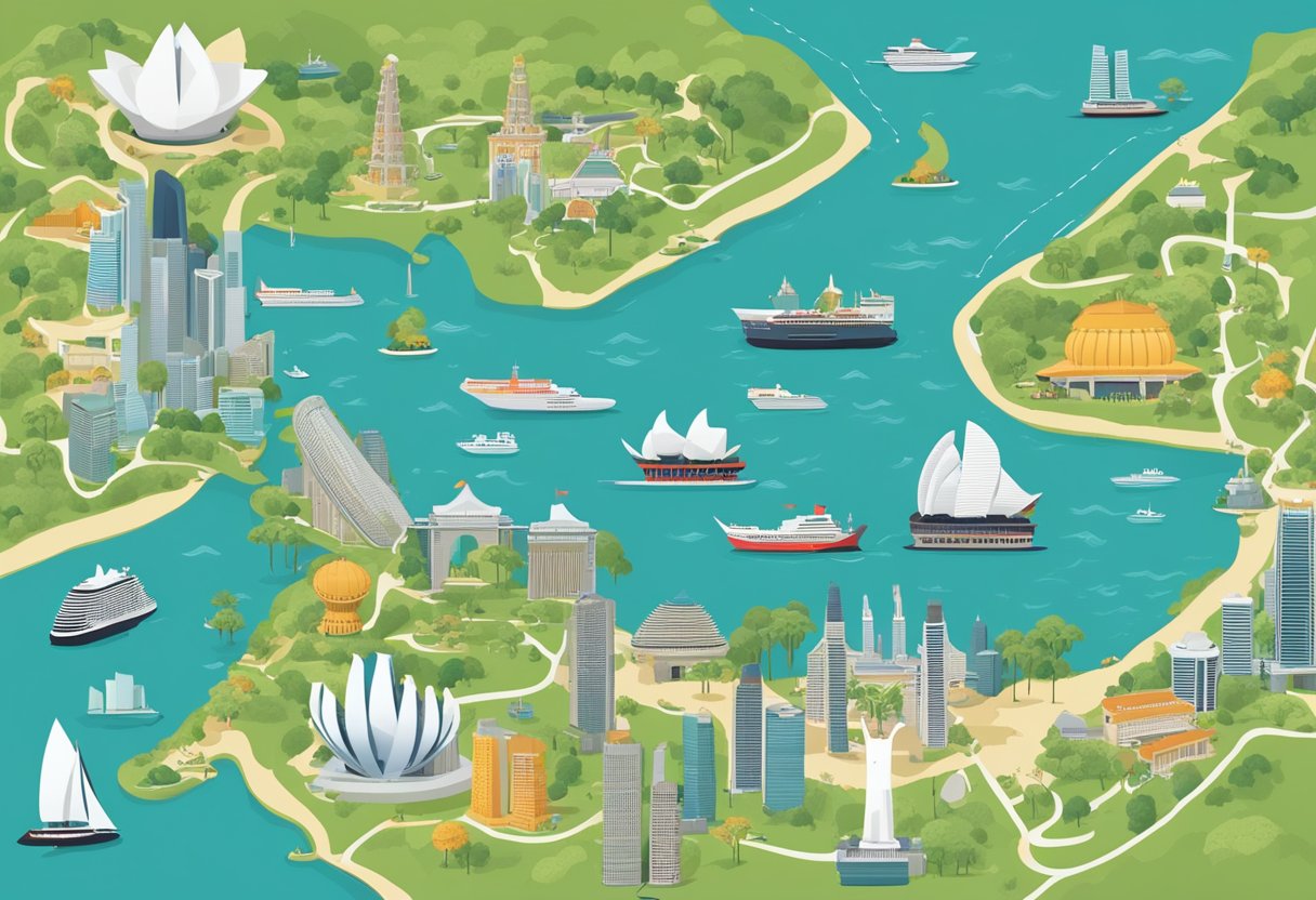 A map of Singapore with highlighted VTL countries, surrounded by iconic landmarks and symbols