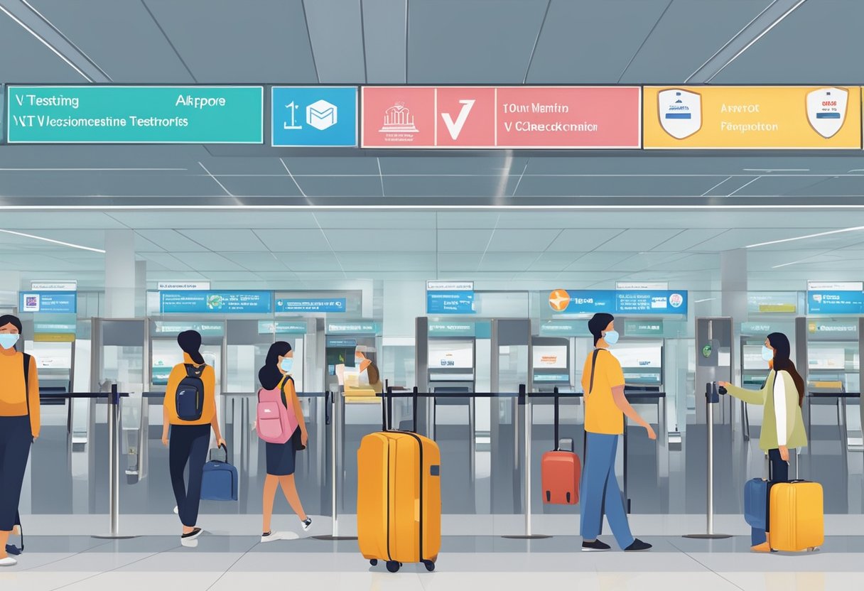 Travelers in designated VTL countries entering Singapore with proof of vaccination, undergoing testing, and following safety protocols at airports and checkpoints