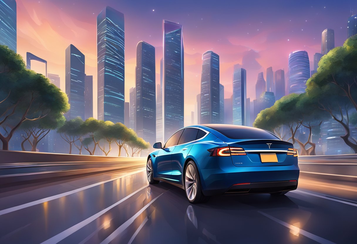 A sleek Tesla car glides through the futuristic cityscape of Singapore, surrounded by towering skyscrapers and vibrant city lights