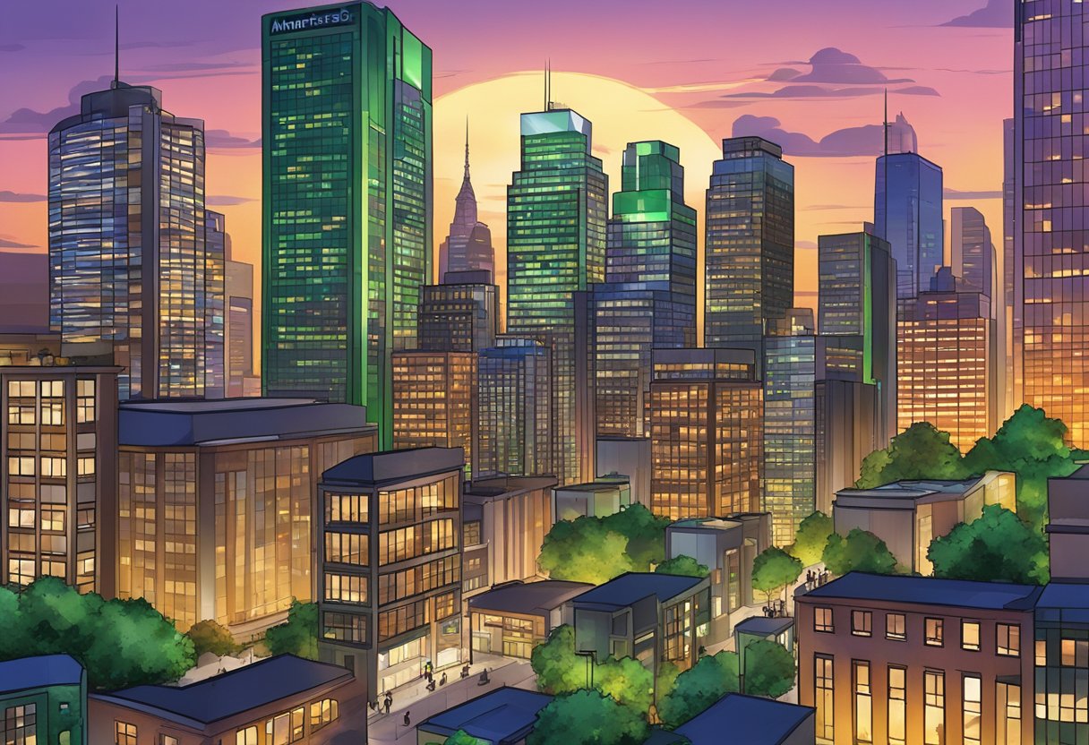 A bustling cityscape with skyscrapers and a prominent TD Ameritrade sign against a colorful sunset sky