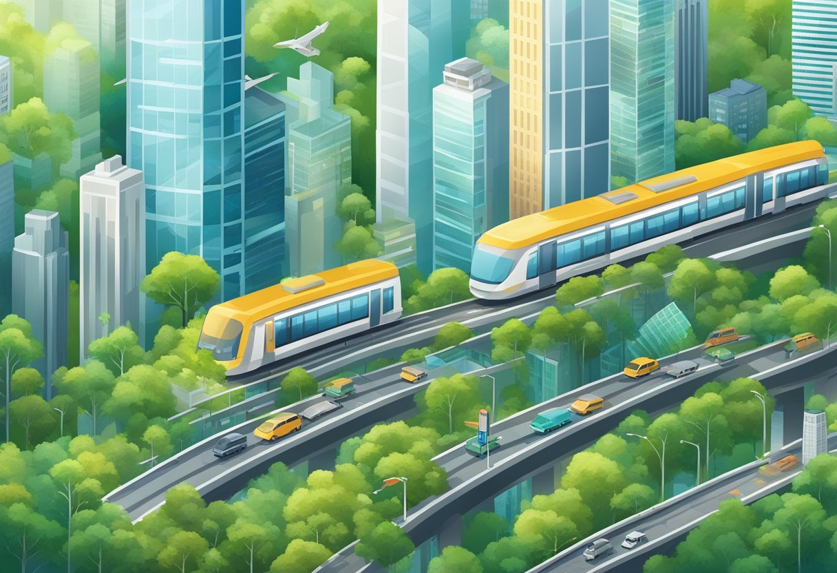 A bustling cityscape with modern skyscrapers and iconic landmarks, surrounded by lush greenery and a network of clean, efficient public transportation