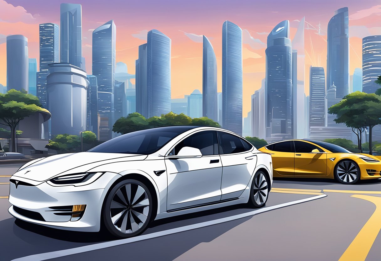 Tesla's electric vehicles parked in a futuristic Singapore cityscape with iconic landmarks in the background