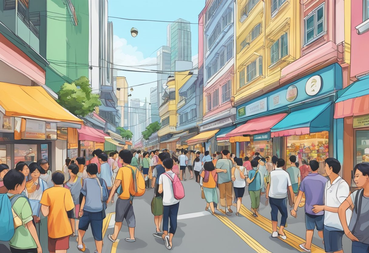 A bustling street in Singapore, with colorful storefronts and bustling crowds, showcasing the iconic Cotton On store