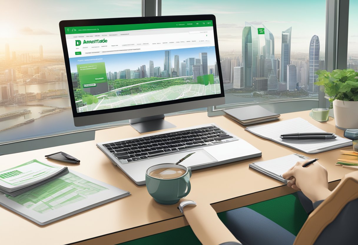 A computer screen displays the TD Ameritrade Singapore website. A hand holds a pen and notebook, ready to take notes. An open window reveals a city skyline in the background