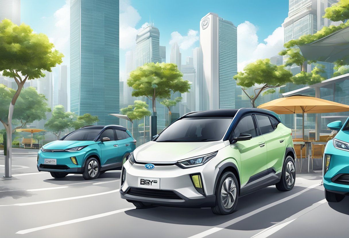BYD's electric vehicles parked in a Singaporean urban setting, with iconic landmarks in the background