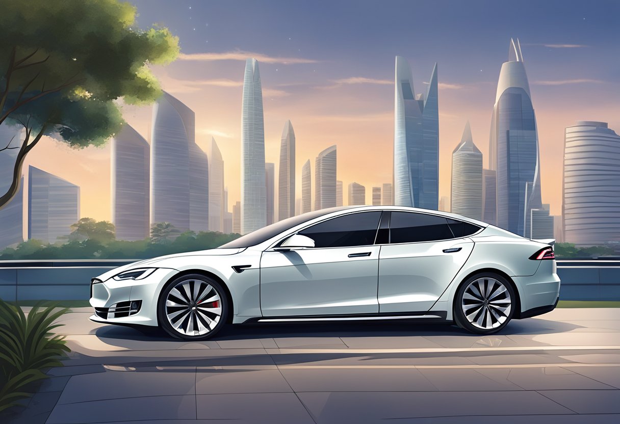 A sleek Tesla Model S parked in front of the iconic Singapore skyline, with the city's futuristic architecture in the background