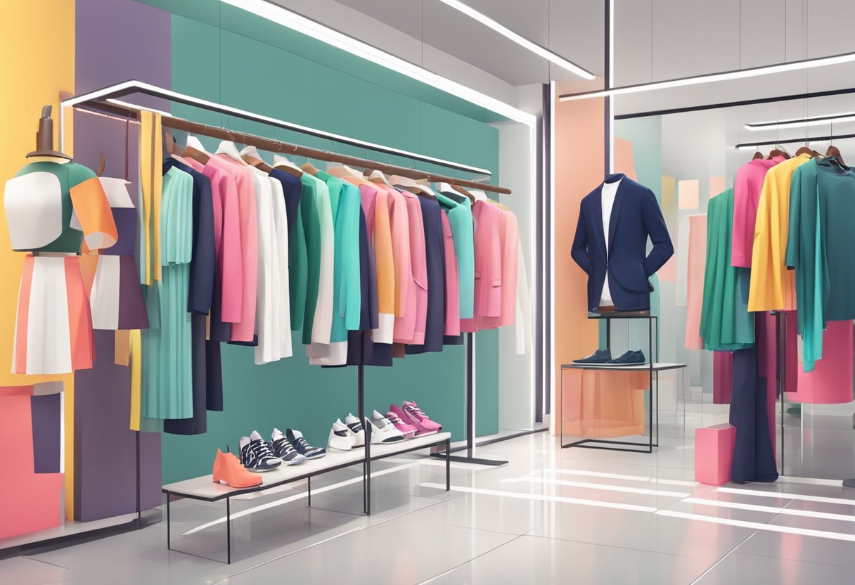 Brightly lit store with rows of trendy clothing on display. Mannequins styled in latest fashion. Vibrant colors and patterns. Modern and stylish atmosphere