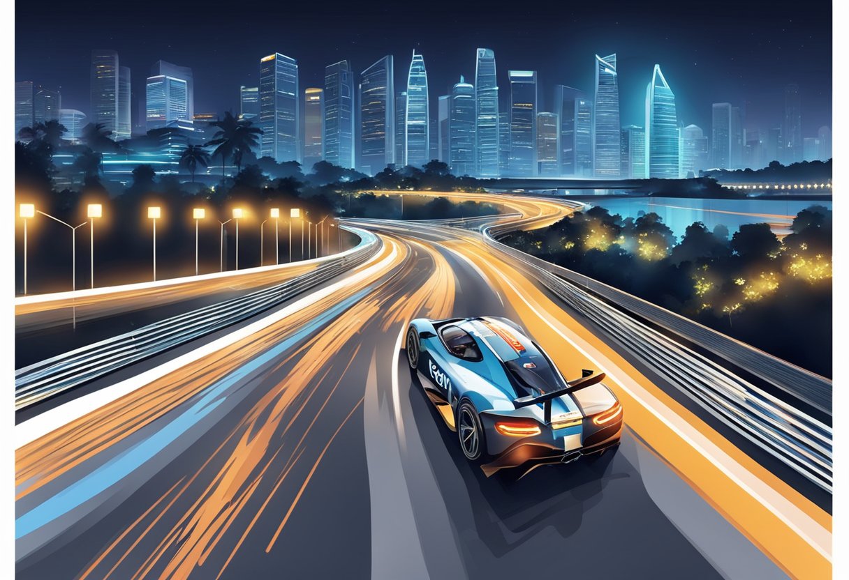 Cars speed around the illuminated Singapore Grand Prix track at night, with the city skyline as a backdrop
