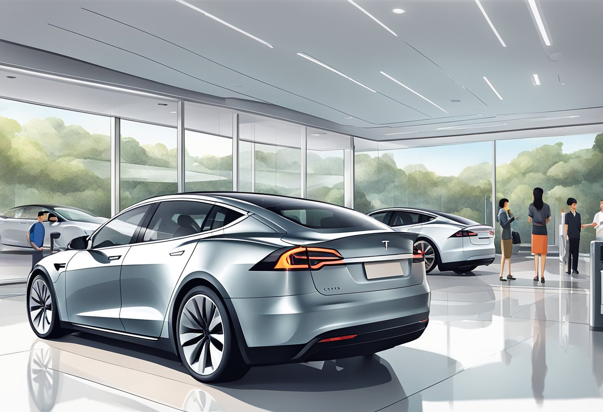 A bright and modern Tesla showroom in Singapore, with a sleek car on display and customers interacting with staff