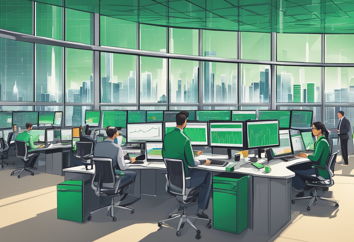 Multiple screens display stock charts and trading options on the TD Ameritrade platform. A busy office setting with people analyzing data and making investment decisions