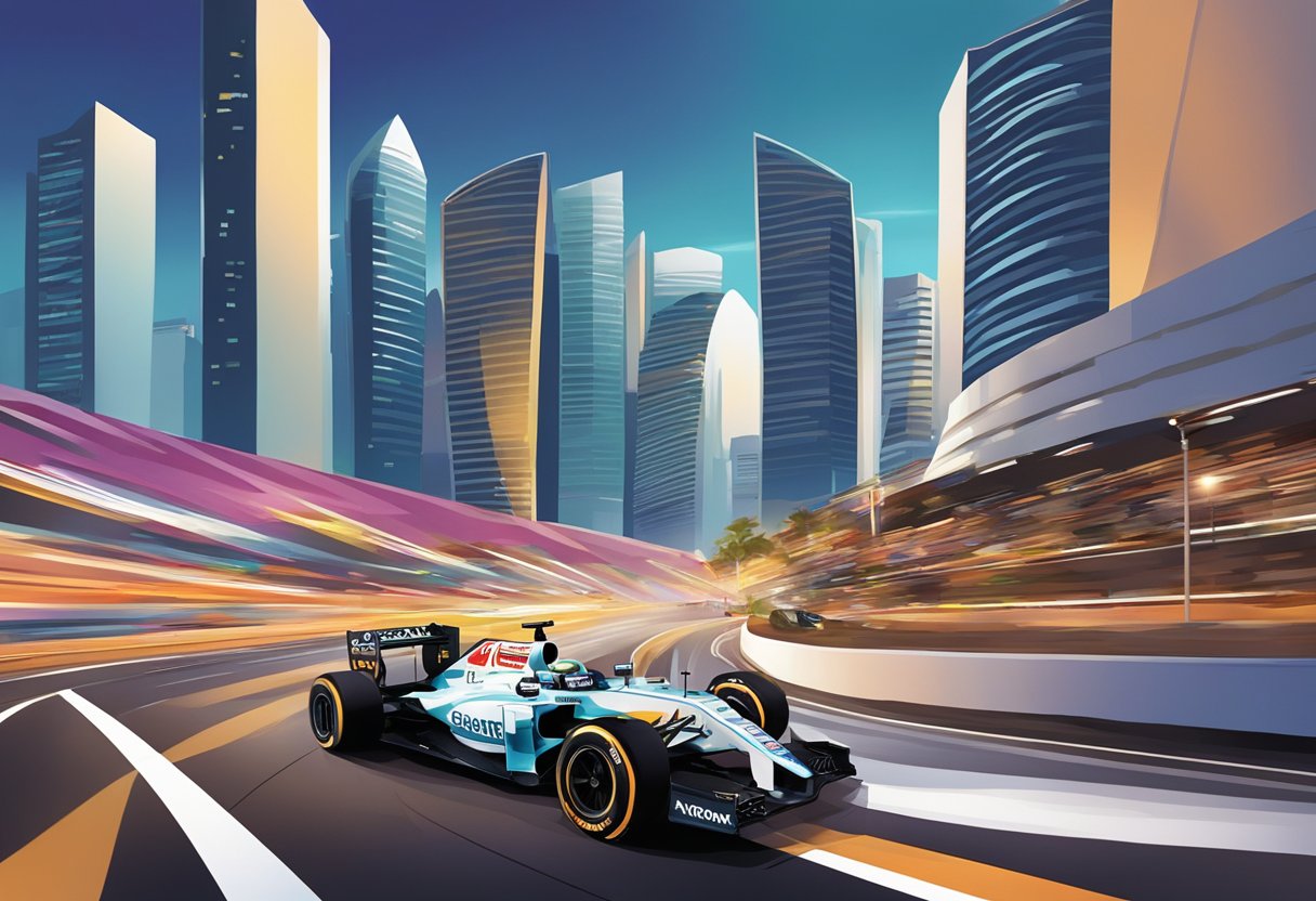 The Singapore Grand Prix roars through the city streets, with iconic landmarks like the Marina Bay Sands and the Singapore Flyer in the background, creating a stunning and dynamic scene