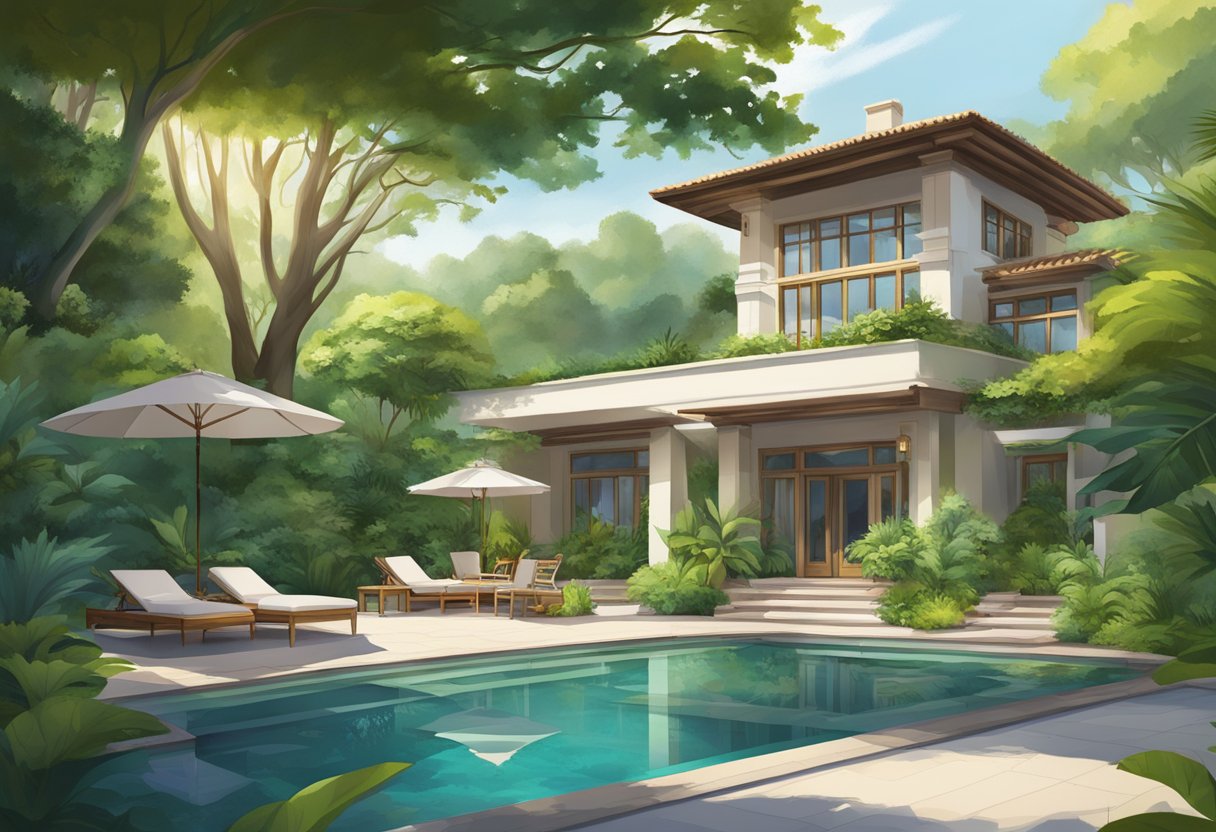 A serene villa nestled in lush greenery, with a tranquil pool reflecting the surrounding foliage